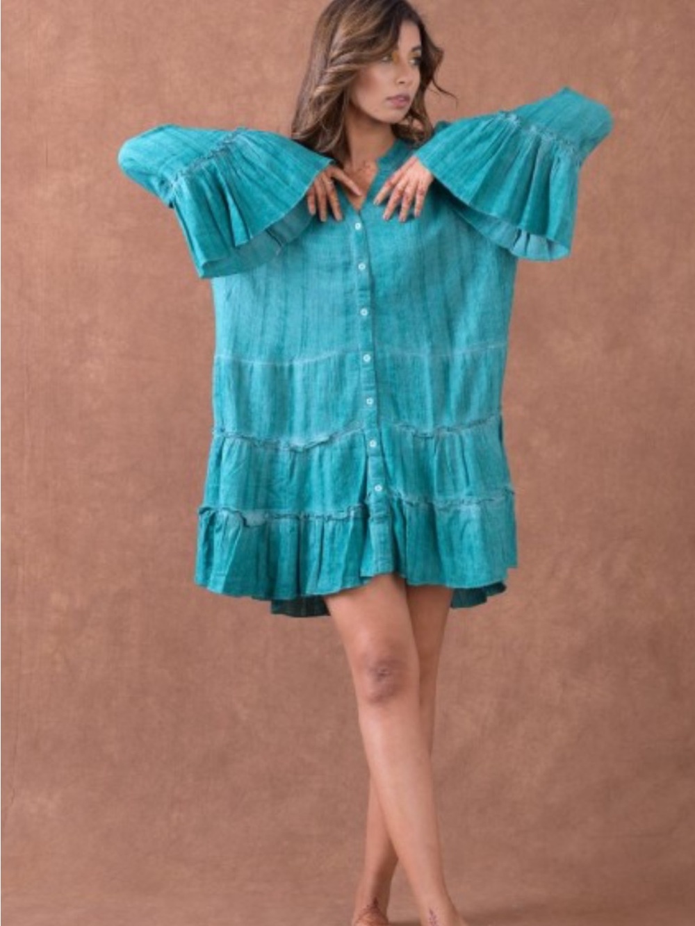 New! Rhea Cotton Boho Ruffle Button-Front Tunic Top - Picture 2 of 4